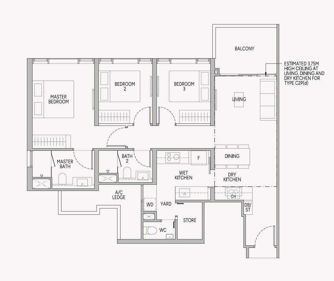 Union Square Residences 3 Bedroom floor plan, 990–1,066 sqft